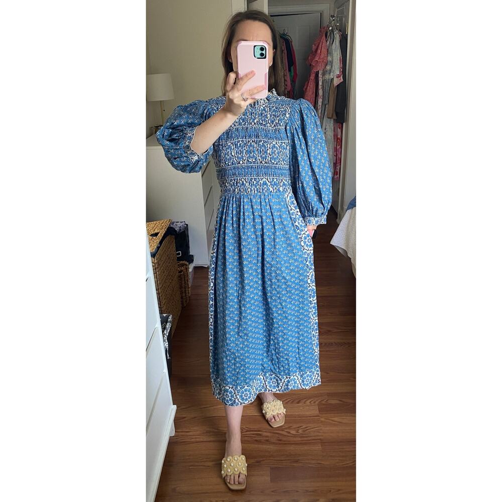 Sea New York Tuckernuck Fernanda Puff Sleeve Smocked Midi Dress Blue Cottage XS - Picture 14 of 14